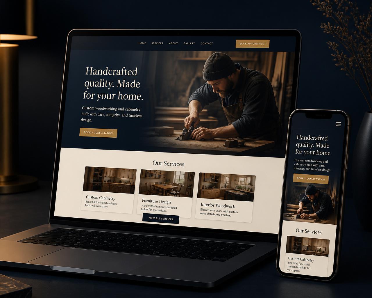 A professional small-business website shown on a laptop and phone